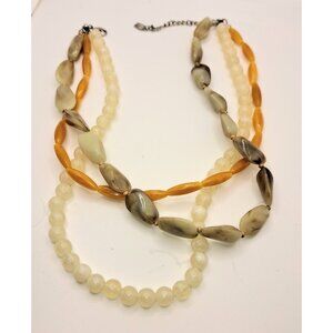 Vintage Chunky Beaded 3 Strand Necklace Orange Beige White Ladies Women's
